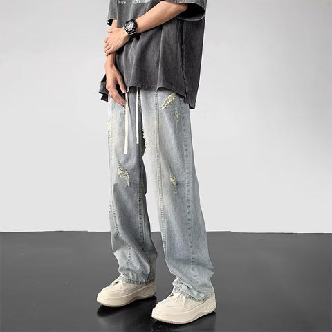 Men Jeans Summer Water Washed Hole Loose Straight Casual Trousers