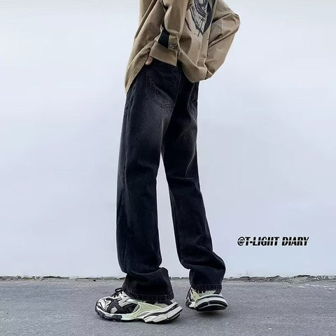 Men Jeans Ripped Jeans Summer Washed Distressed Wide-Leg Straight Pants
