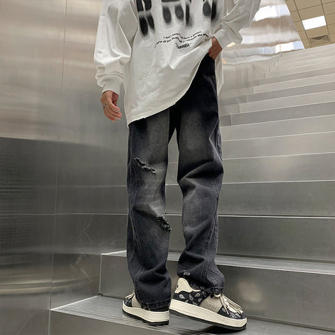 Men Jeans Ripped Jeans Men Autumn Winter Retro Straight Wide Leg Casual Trousers