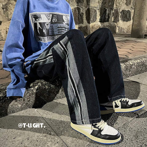 Men Jeans Distressed Straight Wide Leg Jeans Men Autumn Loose Casual Trousers