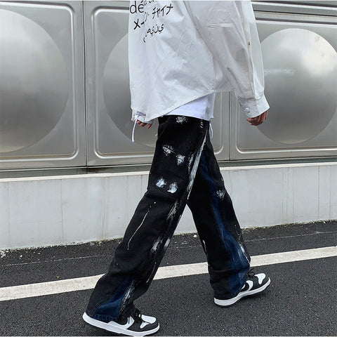 Men Jeans Retro Patchwork Loose Casual Pants