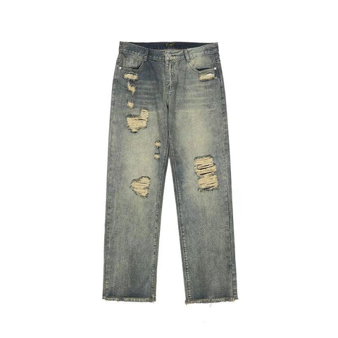 Men Jeans Washed Distressed Ripped Jeans Hiphop Loose Straight Trousers