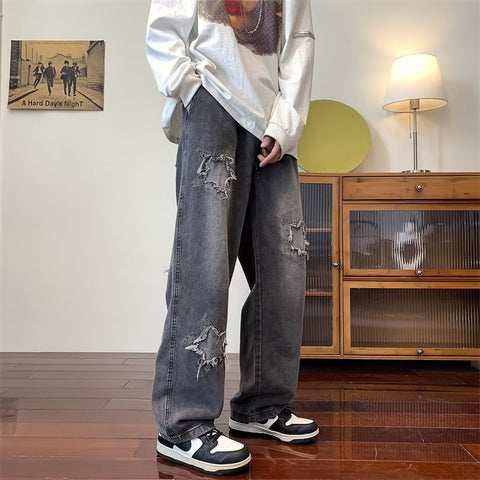 Men Jeans Ripped Jeans Men Retro Washed Straight Loose Oversize Wide Leg Pants