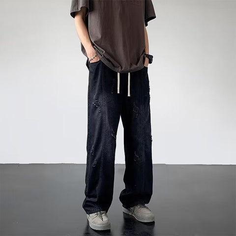 Men Jeans Summer Water Washed Hole Loose Straight Casual Trousers