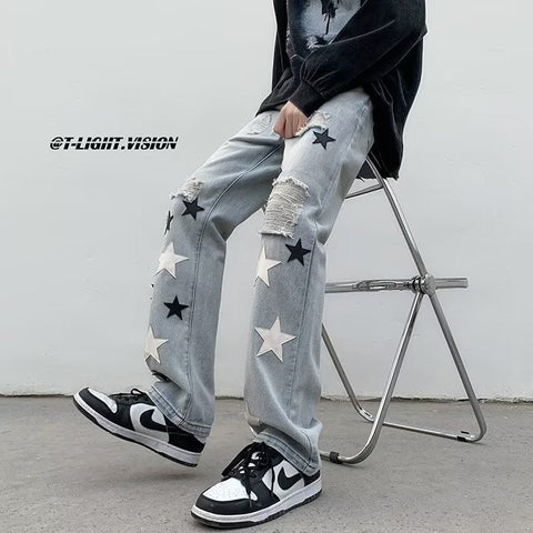 Men Jeans Five-Pointed Star Ripped Jeans Men's Spring Loose Straight Wide-Leg Pants