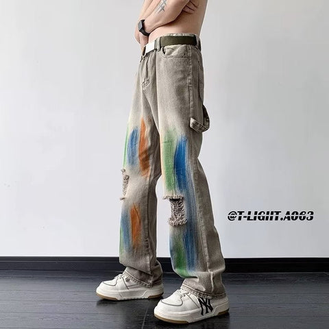 Men Jeans Vintage Inkjet Ribbon Ripped Jeans