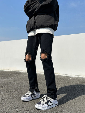 Men Jeans Black Ripped Zipper Jeans Summer Straight-Leg Trousers