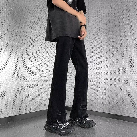 Men Jeans Raw Hem Ripped Skinny Jeans Summer Baggy Straight Trousers