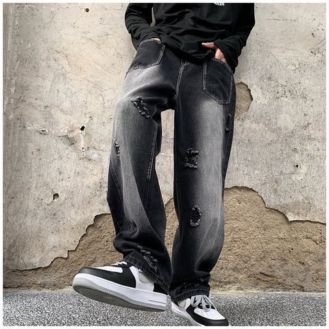 Men Jeans Ripped Jeans Men's Autumn Retro Loose Straight Trousers