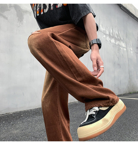 Men Jeans Vintage Brown Jeans Summer Straight Ripped Trousers