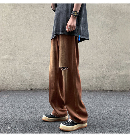 Men Jeans Vintage Brown Jeans Summer Straight Ripped Trousers