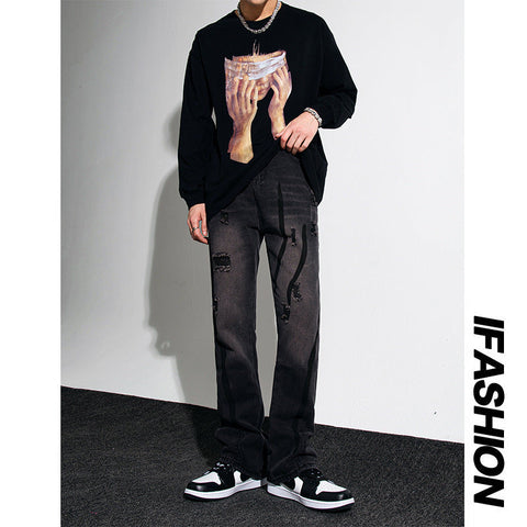 Men Jeans Retro Washed Distressed Loose Straight Hiphop Wide Leg Trousers