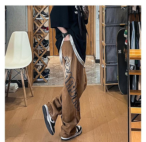Men Jeans Vintage Jeans Spring and Autumn Distressed Baggy Straight Trousers