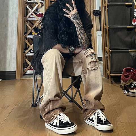 Men Jeans Ripped Jeans Men's Summer Worn Looking Washed-out Retro Straight-Leg Wide-Leg Pants