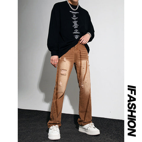 Men Jeans Retro Washed Distressed Loose Straight Hiphop Wide Leg Trousers