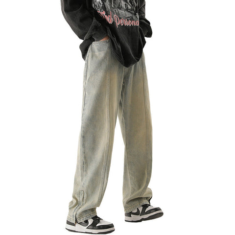 Men Jeans Retro Distressed Straight-Leg Pants Autumn Loose Casual Pants
