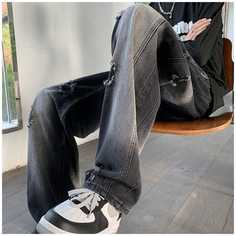 Men Jeans Ripped Jeans Men's Autumn Retro Loose Straight Trousers