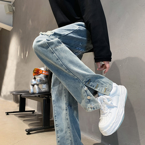 Men Jeans Ripped Jeans Men's Summer Letter Embroidery Slit Loose Straight Casual Trousers
