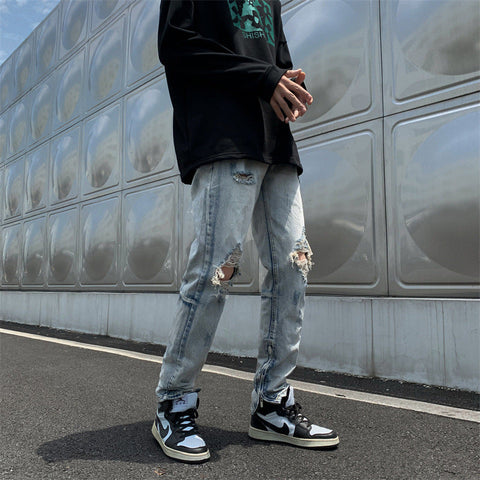 Men Jeans Loose Hole Straight Tide Trousers