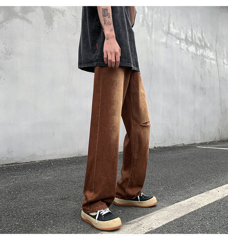 Men Jeans Vintage Brown Jeans Summer Straight Ripped Trousers