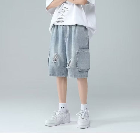 Men Jeans Ripped Workwear Pants Men's Summer Retro Denim Shorts