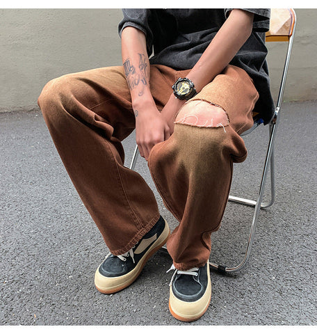 Men Jeans Vintage Brown Jeans Summer Straight Ripped Trousers