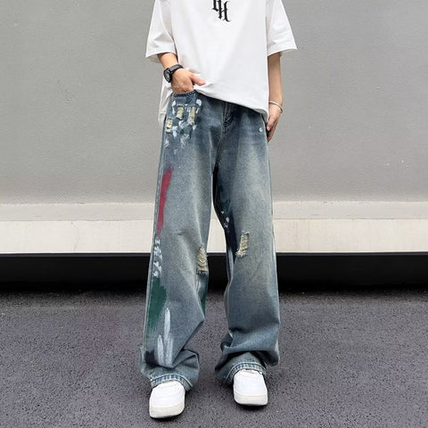 Men Jeans Water Washed Hole Jeans Men's Summer Loose Wide-Leg Straight Pants