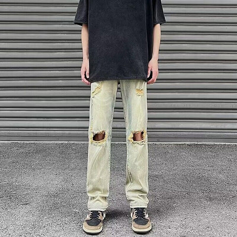 Men Jeans Summer Ripped Slim-Fitting Straight Pants Casual Pants