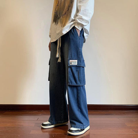 Men Jeans Washed-out Vintage Multi-Pocket Straight Loose Casual Wide-Leg Trousers