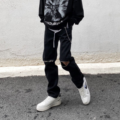 Men Jeans Vintage Black Knee Ripped Zipper Jeans