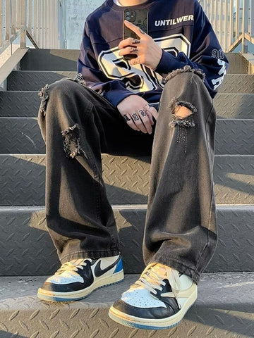 Men Jeans Ripped Jeans Men Autumn Straight-Leg Trousers