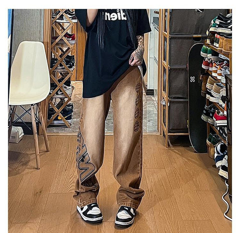 Men Jeans Vintage Jeans Spring and Autumn Distressed Baggy Straight Trousers