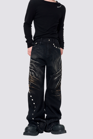 Track Grid Rivet Wide Leg Jeans