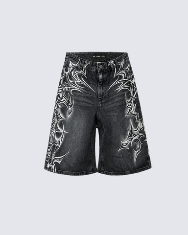 American Vintage Washed Tribal Print Denim Shorts