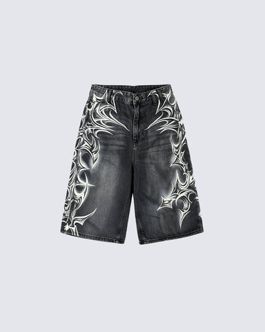American Vintage Washed Tribal Print Denim Shorts