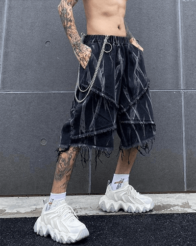 Distressed Black Denim Shorts with Abstract Print