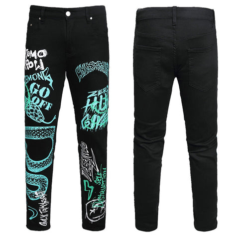Mens Fashion Jeans Green Snake Street Graffiti 5705#