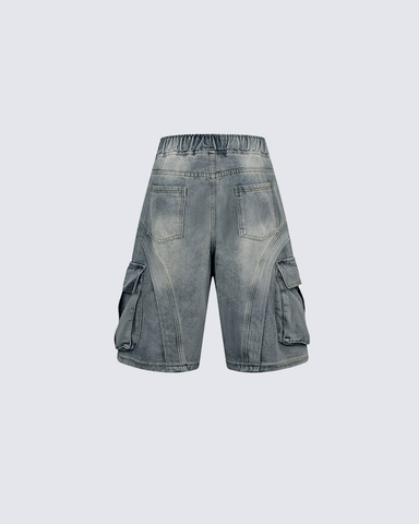 3D Stitch Washed Denim Cargo Shorts