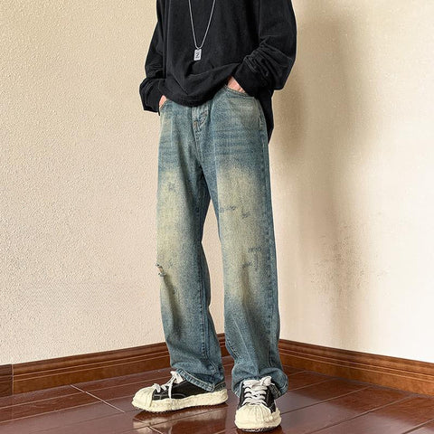 Men Jeans Vintage Jeans Autumn Distressed Washable Pants Loose Straight Wide Leg Pants