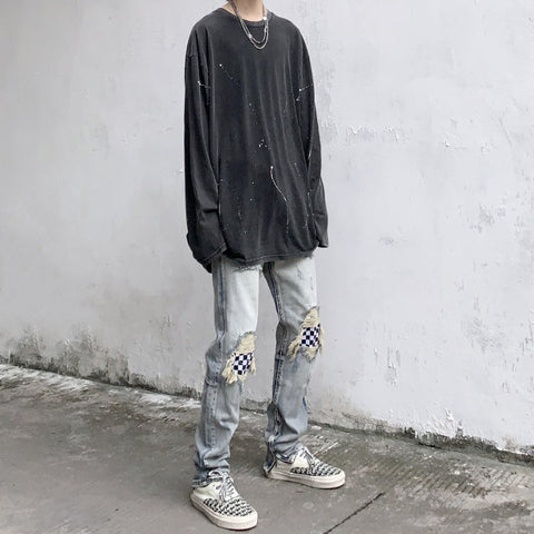 Men Jeans Summer Water Washed Hole Jeans Patch Plaid Pants