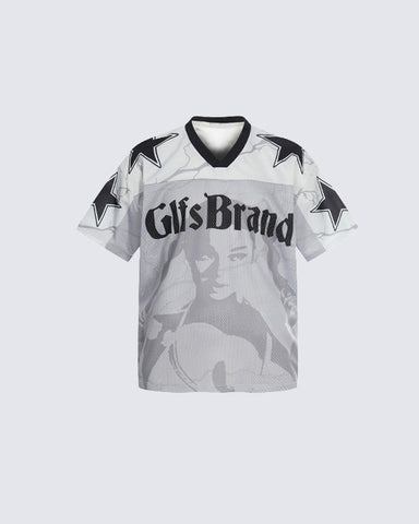 Vintage Mesh Portrait Graphic V-Neck Jersey Tee