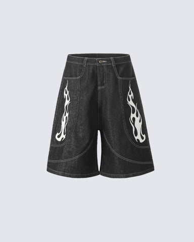 Flame Panel Seven-Length Denim Shorts