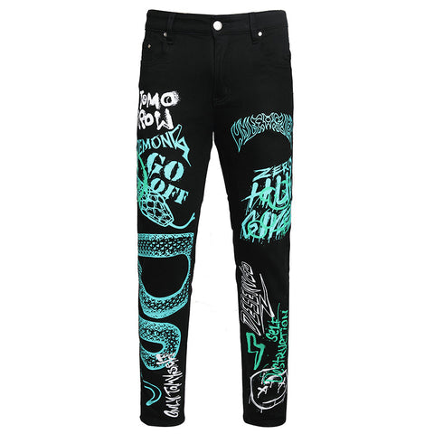 Mens Fashion Jeans Green Snake Street Graffiti 5705#