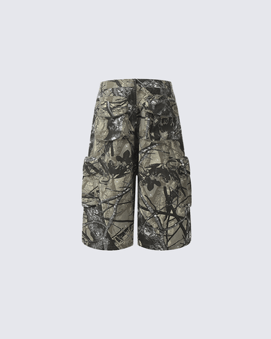 Camo Print Wide-Leg Cargo Shorts
