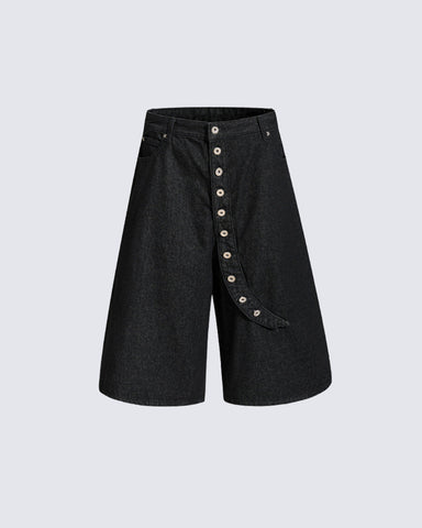 Button Detail Denim Wide  Loose Shorts