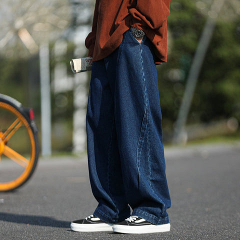Men Jeans Oversize Pants Dark Blue Jeans Men Retro Straight-Leg Pants