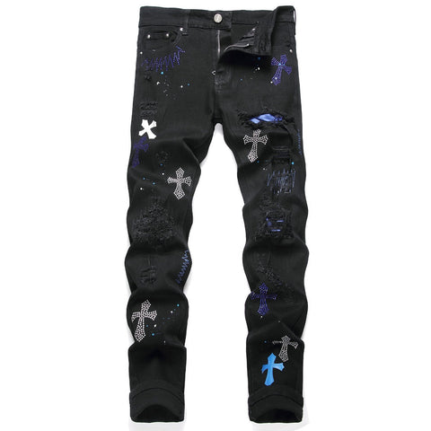 Amiri Jeans Cross Pattern Ripped Stretch Jeans
