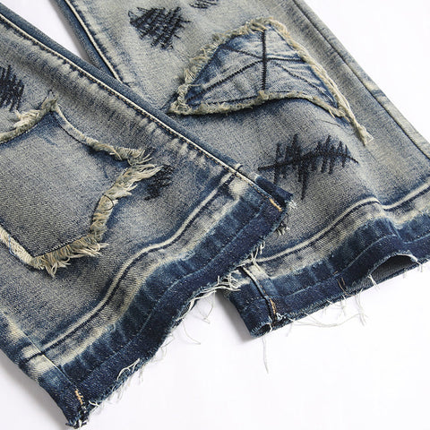 Mens Fashion Jeans Patchwork wide-leg pants 5713#