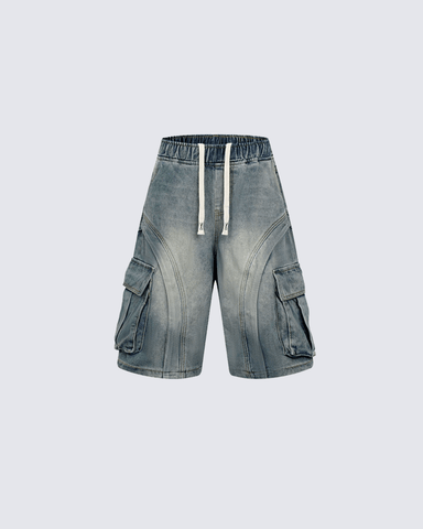 3D Stitch Washed Denim Cargo Shorts